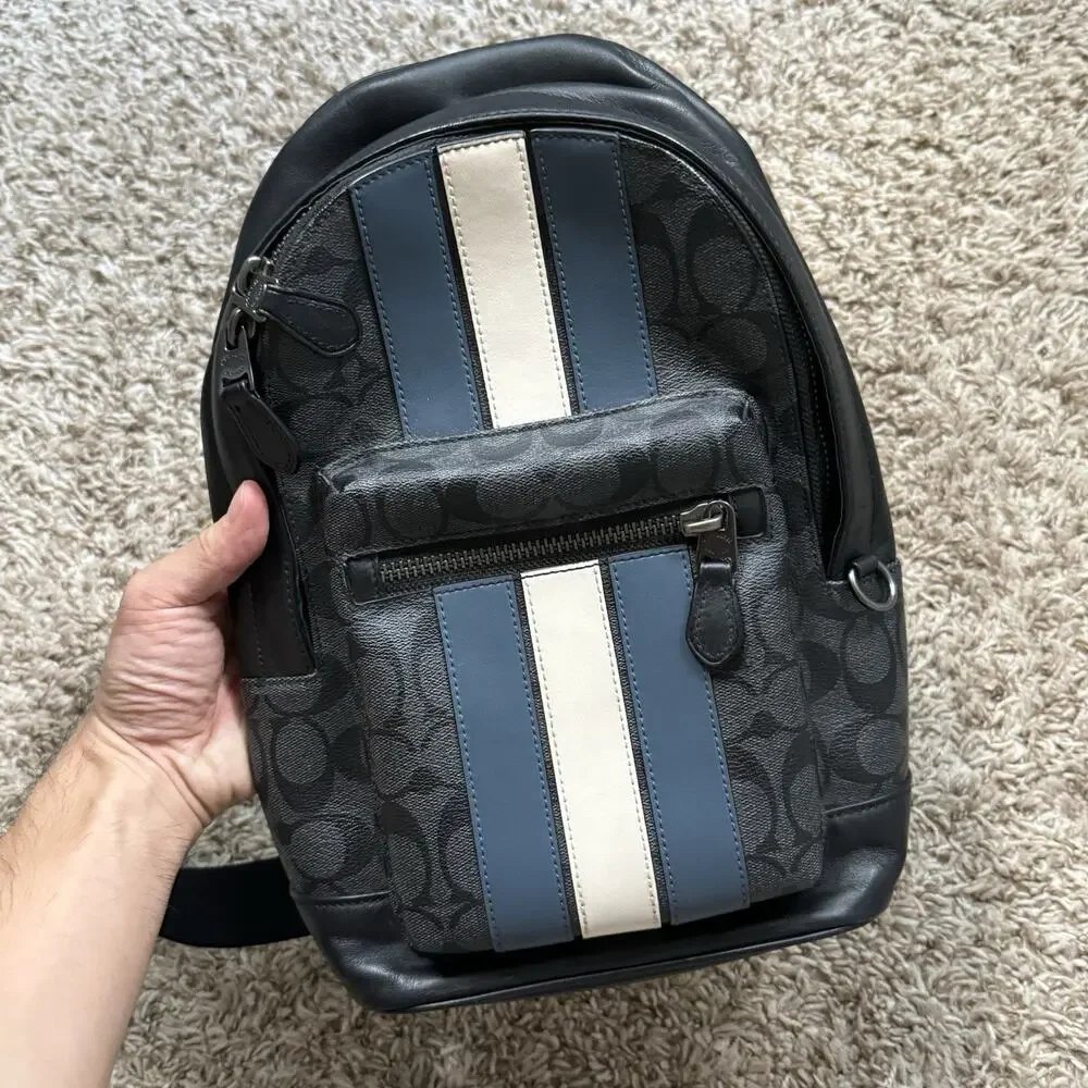 Coach 2999 West Pack In Signature Canvas Leather Varsity Stripe Sling Backpack